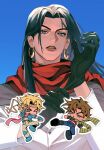  1girl 2boys battle_tendency black_hair blonde_hair caesar_anthonio_zeppeli commentary headband highres jojo_no_kimyou_na_bouken joseph_joestar lisa_lisa long_hair mature_female mother_and_child mother_and_son multicolored_scarf multiple_boys parent_and_child parrotwashhead scarf striped_clothes striped_scarf triangle_print 