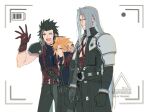  3boys apron armor battery_indicator belt belt_buckle black_apron black_coat black_gloves black_hair black_pants blonde_hair blue_eyes brown_gloves buckle chest_strap closed_eyes closed_mouth cloud_strife coat commentary_request cowboy_shot final_fantasy final_fantasy_vii final_fantasy_vii:_advent_children gloves grey_hair hand_on_another's_shoulder height_difference long_hair long_sleeves looking_at_viewer multiple_belts multiple_boys open_mouth pants parted_bangs recording scar scar_on_cheek scar_on_face sephiroth short_hair shoulder_armor sleeveless sleeveless_turtleneck spiked_hair sweater turtleneck turtleneck_sweater viewfinder waving yunyunonigiri zack_fair 