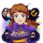  1girl 3boys a_hat_in_time afro beak black_hair black_hat black_jacket blue_eyes brown_hair candy cape child closed_mouth collared_shirt comb commentary conductor_(a_hat_in_time) dj_grooves dress english_commentary fangs food food_in_hair food_in_hat gem ghost green_gem hat hat_kid hat_ribbon highres holding holding_knife holding_unworn_clothes holding_unworn_hat jacket keterok kitchen_knife knife lollipop long_hair looking_at_viewer multiple_boys necktie official_alternate_costume open_mouth ponytail purple_cape purple_dress purple_hat purple_necktie red_jacket ribbon shirt sidelocks skin_fangs smile snatcher_(a_hat_in_time) star-shaped_eyewear star_(symbol) striped_ribbon sunglasses swirl_lollipop teeth unworn_hat unworn_headwear upper_teeth_only white_shirt witch_hat wrapped_candy yellow_eyes yellow_ribbon 