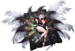  1girl animal_ears artist_request barefoot breasts bug butterfly daiblos_core fake_animal_ears feathers grey_hair hair_between_eyes heart-shaped_lock highres long_sleeves odonata_(daiblos_core) peacock_feathers rabbit_ears red_eyes red_nails solo white_feathers 