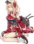  alternate_costume blonde_hair blue_eyes braid corset crane floral_print flower full_body japanese_clothes kantai_collection kimono konishi_(koconatu) lowres machinery official_art ponytail red_flower red_rose rose sandals torn_clothes transparent_background warspite_(kantai_collection) wide_sleeves 