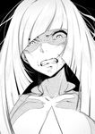  angry bangs blunt_bangs clenched_teeth collarbone commentary constricted_pupils face greyscale highres iku_(ikuchan_kaoru) long_hair looking_at_viewer lusamine_(pokemon) md5_mismatch messy_hair monochrome neck pokemon pokemon_(game) pokemon_sm rage_face shaded_face solo teeth upper_body veins 