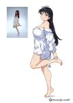  1girl arato_nagi artist_logo artist_name ass bare_legs bare_shoulders barefoot black_hair blue_eyes blush breasts clothes_down commentary_request covered_nipples earrings east_asian feet from_side jewelry jk_arts large_breasts legs logo long_hair looking_at_viewer looking_back off_shoulder patreon_username photo-referenced reference_inset ruri_no_houseki shirt simple_background smile solo spanish_commentary standing standing_on_one_leg stud_earrings thighs tiptoes toes twitter_username very_long_hair white_background white_shirt 