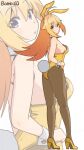  1girl animal_ears artist_logo artist_name ass bambi2000line bare_shoulders blonde_hair breasts brown_pantyhose commentary_request detached_collar fake_animal_ears full_body hair_between_eyes high_heels highres koshi_torako leotard leotard_peel logo long_hair looking_at_viewer looking_back oversized_breast_cup pantyhose playboy_bunny purple_eyes rabbit_ears rabbit_tail shikanoko_nokonoko_koshitantan shoes sideboob sidelocks small_breasts solo strapless strapless_leotard tail wrist_cuffs yellow_leotard yellow_shoes zoom_layer 