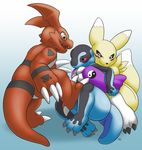  claws digimon feet female fur group guilmon hold_down ily kudo_the_fox male mammal renamon scalie simple_background smile yellow_fur 