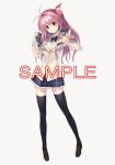  1girl antenna_hair black_thighhighs blazer bow bowtie brown_jacket brown_shoes chaos;child chaos;head collared_shirt dress_shirt full_body hair_over_breasts hair_ribbon head_tilt jacket long_hair looking_at_viewer miniskirt official_art petticoat pink_eyes pink_hair pink_ribbon plaid_bow plaid_bowtie plaid_clothes plaid_skirt pleated_skirt ribbon sakihata_rimi sample_watermark sasaki_mutsumi school_uniform science_adventure shirt shoes simple_background skirt smile solo suimei_academy_school_uniform thighhighs watermark white_background white_shirt zettai_ryouiki 