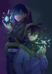  1boy 1girl absurdres ahoge belt black_hair blueberry_academy_school_uniform brother_and_sister carmine_(pokemon) closed_mouth collared_shirt colored_inner_hair commentary_request crossed_bangs eyelashes fanny_pack gem glowing glowing_gem hair_between_eyes hairband hand_on_own_hip height_difference highres jacket kieran_(pokemon) lips long_hair long_sleeves maigandayo mole mole_under_eye multicolored_hair necktie pants pokemon pokemon_scarlet_and_violet purple_hair red_hair school_uniform shirt short_hair siblings smile two-tone_hair yellow_hairband 