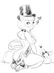  alcohol anthro balloon beverage big_butt black_and_white breasts bucket butt cat clothing covering covering_breasts dbaru ecaflip english_text feline footwear hair hat high_heels holidays mammal miranda_(wakfu) monochrome mostly_nude new_year nude shoes sign smile text wakfu 