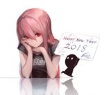  2018 bangs commentary earrings hair_between_eyes hand_on_own_cheek happy_new_year highres jewelry long_hair looking_at_viewer luen_kulo new_year original pink_hair red_eyes reflection shirt short_sleeves t-shirt upper_body 