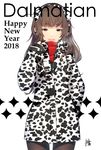  2018 :d bangs black_legwear blush breath brown_eyes brown_hair coat cowboy_shot dalmatian_print drawstring earmuffs eyebrows_visible_through_hair happy_new_year highres legs_apart long_hair long_sleeves looking_at_viewer meth_(emethmeth) new_year open_mouth original pantyhose partially_unzipped red_scarf scarf signature simple_background sleeves_past_wrists smile solo sparkle standing thick_eyebrows tsurime white_background winter_clothes winter_coat 