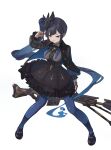  1girl :p absurdres asymmetrical_bangs beamcon black_nails blue_eyes blue_hair blue_pantyhose bullet center_frills collared_shirt commentary_request framed_breasts frills full_body gothic_lolita gradient_hair gun heterochromia high_heels highres holding holding_bullet holding_gun holding_weapon lolita_fashion long_hair multicolored_hair orange_eyes pantyhose pumps rifle shirt side_ponytail sniper_rifle socks solo star-shaped_pupils star_(symbol) striped_clothes striped_socks symbol-shaped_pupils tongue tongue_out trickcal very_long_hair weapon xion_(trickcal) 