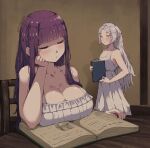  2girls blunt_bangs book breasts chair cleavage elf fern_(sousou_no_frieren) frieren grey_hair holding holding_book huge_breasts indoors jk_arts long_hair multiple_girls nightgown no_sclera pointy_ears purple_hair sleeping sousou_no_frieren table white_nightgown 