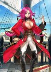  1girl ahoge belt black_boots blue_eyes blue_sky boots breasts brown_belt brown_collar cleavage closed_mouth coat collar day fate/grand_order fate_(series) feet_out_of_frame francis_drake_(fate) game_cg hand_on_own_hip horizon lapels large_breasts long_hair long_sleeves looking_at_viewer official_art on_ship outdoors pants pink_hair pirate_costume plunging_neckline red_coat revision scar scar_on_face ship's_wheel sky smile solo standing third-party_source variant_set very_long_hair wada_arco white_pants 