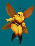  2017 4_fingers antennae anthro arthropod bee blue_background female insect one_eye_closed simple_background smile solo thick_thighs vertigheist wide_hips wings wink 