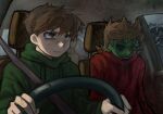  2boys 6+others animification antenna_hair bags_under_eyes blood brown_eyes brown_hair canon_event car_interior colored_skin commentary crowd draw_this_in_your_style_challenge drawstring drooling edd_(eddsworld) eddsworld english_commentary flipped_hair green_hoodie green_skin hair_behind_ear hair_ears hood hood_down hoodie jitome long_sleeves male_focus missing_eye multiple_boys multiple_others nebaka nervous people red_hoodie seatbelt short_hair steering_wheel sweat tord_(eddsworld) zombie 