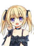  :d bangs bare_shoulders black_choker black_shirt blonde_hair blush choker collarbone eyebrows_visible_through_hair fang hair_between_eyes hand_up holding holding_hair looking_at_viewer off-shoulder_shirt open_mouth original purple_eyes shirt shirt_straps simple_background smile solo star twintails white_background wrist_cuffs yuuhagi_(amaretto-no-natsu) 