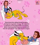accessory anatomically_correct anatomically_correct_genitalia anatomically_correct_penis belle_(beauty_and_the_beast) bestiality blue_clothing bow_ribbon canid canine canis clothed clothing collar comic cunnilingus disney domestic_dog duo english_text erection everfire female female_human feral footprint genitals hair_accessory hair_bow hair_ribbon heart_symbol hearts_around_head hi_res human human_on_feral interspecies legwear licking male male/female mammal narration oral partially_clothed partially_clothed_female partially_clothed_human pawprint pawprint_pattern penis pink_background pluto_(disney) ribbons sex simple_background stockings tail text thin_tail tongue tongue_out vaginal vulva watermark yellow_body