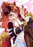  1girl animal_ears black_shirt black_thighhighs bracelet breasts brown_hair chain_necktie choker coin commentary_request crossed_bangs disney_o626 ears_through_headwear fedora forever_young_(racing)_(umamusume) forever_young_(umamusume) gold_coin green_choker green_eyes hat highres holding horse_ears horse_girl jacket jewelry long_hair looking_at_viewer medium_breasts midriff multicolored_hair necktie open_mouth purple-tinted_eyewear red-tinted_eyewear red_jacket red_streaks shirt sitting skirt smile solo streaked_hair sunglasses thighhighs thighs tinted_eyewear umamusume white_necktie white_skirt white_streaks 