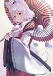  animal_ears commentary_request detached_sleeves hat holding holding_umbrella inubashiri_momiji kourindou_tengu_costume long_sleeves looking_at_viewer marusan oriental_umbrella pom_pom_(clothes) red_eyes ribbon-trimmed_sleeves ribbon_trim smile snowing solo tail tokin_hat touhou umbrella white_hair wide_sleeves wolf_ears wolf_tail 