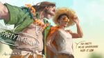  2boys adjusting_clothes adjusting_headwear arm_behind_back azzz_6687 belly belt cowboy_shot day disco_elysium english_text facial_hair flower flower_necklace green_shirt grin hair_slicked_back harry_du_bois hat jacket jacket_on_shoulders jewelry kim_kitsuragi male_focus mullet multiple_boys mutton_chops necklace nipples open_clothes open_shirt orange-tinted_eyewear orange_jacket outdoors shell shell_necklace shirt shirt_tucked_in sidelighting smile straw_hat tank_top tinted_eyewear white_tank_top 