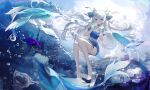  1girl absurdres air_bubble bare_legs barefoot bib_collar blue_bow blue_eyes blue_shirt blue_theme bow bubble chinese_commentary city cityscape colored_eyelashes commentary_request curled_fingers day dot_nose double-parted_bangs dress fish floating floating_hair flying_animal flying_fish full_body hair_between_eyes hair_bow hair_ornament hair_ribbon hairclip hands_up high_collar highres invisible_chair legs light_blush long_hair long_shirt looking_at_viewer microdress midair original outdoors parallel_hairclips parted_lips ribbon shirt short_sleeves sitting solo water white_hair xiao_tu_ji_tw yellow_ribbon 