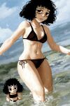 2girls absurdres bags_under_eyes beach bikini black_bikini black_eyes black_hair breasts casato chibi commentary ellie_(casato) english_commentary highres medium_breasts medium_hair messy_hair mojyo multiple_girls navel ocean original swimsuit 