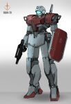  assault_visor beam_gun blue_visor character_name commentary_request earth_federation gm_(mobile_suit) gundam highres holding holding_weapon logo mecha mecha_focus mobile_suit mobile_suit_gundam no_humans original redesign robot roundel science_fiction shield sketch solo weapon zhuoge_141_hao 