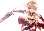 bandeau bangs bare_shoulders blonde_hair braid breasts clarent cleavage commentary_request detached_sleeves fate/apocrypha fate_(series) french_braid green_eyes holding holding_sword holding_weapon kame_(pixiv) loincloth looking_at_viewer mordred_(fate) mordred_(fate)_(all) navel ponytail red_scrunchie scrunchie simple_background sleeves_past_wrists small_breasts smile solo stomach strapless sword weapon white_background 