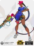  1girl absurdly_long_hair artist_name ball black_hair black_shorts blue_shirt braid clothes_writing codename:_kids_next_door commentary copyright_logo copyright_name corded_phone cosplay earrings english_commentary english_text flashlight glue hair_dryer hat highres holding holding_weapon hoop_earrings jewelry knee_pads logo long_hair magnet newsboy_cap numbuh_5 numbuh_5_(cosplay) onframer overwatch phone red_hat shirt shirt_slip shorts sierra_(overwatch) single_braid single_knee_pad smile solo straightedge tennis_ball thighs very_long_hair video_camera weapon 