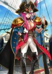  1girl black_boots black_coat black_hat black_vest blue_sky boots braid breasts brown_collar cleavage closed_mouth coat coat_on_shoulders collar day epaulettes fate/grand_order fate_(series) feet_out_of_frame francis_drake_(fate) francis_drake_(third_ascension)_(fate) game_cg hair_over_shoulder hair_tie hand_on_own_hip hat hat_feather headband horizon jacket jewelry lapels large_breasts long_hair looking_at_viewer necklace official_art on_ship outdoors pants pink_hair pirate_costume pirate_hat plunging_neckline red_jacket revision ship's_wheel single_braid sky smile solo standing third-party_source variant_set very_long_hair vest wada_arco white_headband white_pants wrist_cuffs 