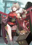  2018 :d animal animal_ears black_legwear black_panties box breasts brown_eyes dog donation_box fishnet_legwear fishnets fur_trim hareno_chiame japanese_clothes kimono kneehighs large_breasts long_hair open_mouth original panties smile solo thighhighs torii underwear 