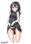  ass_visible_through_thighs bangs bar_censor black_eyes black_hair black_panties black_skirt black_vest blue_neckwear blue_ribbon blush buttons censored closed_mouth collared_shirt commentary_request cowboy_shot cropped_legs crotchless_panties ebifurya eyebrows_visible_through_hair gloves groin hair_between_eyes hair_ornament hairclip highres kantai_collection lifted_by_self long_hair looking_at_viewer neck_ribbon oyashio_(kantai_collection) panties pleated_skirt pubic_hair pussy pussy_juice ribbon shirt short_sleeves sidelocks simple_background skirt skirt_lift sleeveless solo tears twitter_username underwear vest white_background white_gloves white_shirt 