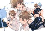  2boys abs absurdres ahoge alternate_hair_length_(shorter) arched_back belt black_belt black_gloves black_pants black_shirt blue_eyes blue_hair blush brown_eyes brown_hair chin_on_another's_shoulder closed_eyes covered_abs covered_pectorals crop_top edmond_(nu_carnival) eiden_(nu_carnival) fellatio fingerless_gloves food food_in_mouth furrowed_brow gloves grey_shirt groping hair_between_eyes half-closed_eyes hand_in_another's_clothes hand_on_another's_hand hand_under_clothes head_tilt heart highres holding holding_food holding_hands holding_pocky jacket licking_food male_focus midriff motion_lines multiple_boys multiple_views nipples nu_417 nu_carnival official_alternate_costume official_alternate_hairstyle open_clothes open_shirt oral orange_jacket pants pectoral_grab pectorals pocky pocky_day pocky_in_mouth puff_of_air saliva sexually_suggestive shiny_clothes shirt short_hair simple_background simulated_fellatio skin_tight sleeveless sleeveless_shirt sparkle sweatdrop thigh_belt thigh_strap toned toned_male tongue tongue_out trembling tucking_hair upturned_eyes v-shaped_eyebrows white_background yaoi 