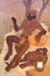 anthro balls belt chaps claws clothed clothing diesel_wiesel erection food fruit gloves_(marking) hay hindpaw humanoid_penis knife looking_at_viewer male mammal markings marten mask_(marking) mostly_nude mustelid neckerchief paws penis pumpkin sitting solo toe_claws yellow_eyes 
