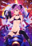  1girl ammunition_belt bare_arms bare_shoulders belt_buckle bikini black_bikini black_boots black_bow black_gloves black_hat black_thighhighs blush boots bow buckle bullet collarbone fate/grand_order fate_(series) feet_out_of_frame flat_chest game_cg garrison_cap gloves grin hair_bow hat headphones helena_blavatsky_(fate) helena_blavatsky_(swimsuit_archer)_(third_ascension)_(fate) holding holding_headphones lace-up_boots looking_at_viewer matsuryuu medium_hair motor_vehicle navel official_art on_weapon ponytail purple_eyes purple_hair revision sitting smile solo stomach swimsuit thighhighs third-party_source throat_microphone 