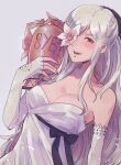  1girl alternate_costume anniversary bare_shoulders black_bow black_ribbon blush bow breasts cleavage collarbone commentary_request drag-on_dragoon drag-on_dragoon_3 dress elbow_gloves fingerless_gloves flower gloves grey_background hair_bow highres holding holding_trophy kokomi_(aniesuakkaman) large_breasts light_particles long_hair looking_at_viewer open_mouth purple_eyes ribbon sidelocks simple_background smile solo strapless strapless_dress trophy upper_body very_long_hair white_dress white_flower white_gloves white_hair zero_(drag-on_dragoon) 