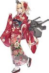  blonde_hair blue_eyes braid corset crane floral_print flower french_braid full_body japanese_clothes kantai_collection kimono konishi_(koconatu) long_hair machinery official_art ponytail red_flower red_rose rose sandals standing transparent_background warspite_(kantai_collection) 