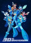  6+boys aile anniversary arm_cannon blonde_hair blue_eyes boots brown_hair buster capcom full_body fur_collar green_eyes headgear helmet hoshikawa_subaru jumping long_hair multiple_boys open_mouth outstretched_arm over-1_(rockman) rock_volnutt rockman rockman_(classic) rockman_11 rockman_dash rockman_exe rockman_exe_(character) rockman_x rockman_xover rockman_zero rockman_zx running ryuusei_no_rockman serious smile star starry_background teeth text vent visor x_(rockman) zero_(rockman) 