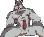  2017 abs anthro biceps canine digital_media_(artwork) fur ginnosuke hi_res male mammal muscular nipples nude open_mouth pecs penis simple_background wolf 