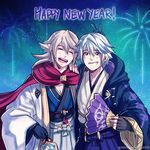  :d blonde_hair cape cloak closed_eyes commentary fan fingerless_gloves fire_emblem fire_emblem:_kakusei fire_emblem_if fireworks folding_fan gloves grin gzei haori happy_new_year highres japanese_clothes looking_at_viewer male_my_unit_(fire_emblem:_kakusei) male_my_unit_(fire_emblem_if) multiple_boys my_unit_(fire_emblem:_kakusei) my_unit_(fire_emblem_if) new_year night night_sky open_mouth pointy_ears short_hair silver_hair sky smile v 