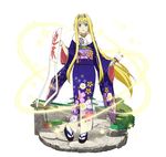  alice_schuberg blonde_hair blue_eyes blue_kimono faux_figurine floating_hair floral_print full_body fur_trim hair_between_eyes head_wreath holding japanese_clothes jpeg_artifacts kimono long_hair looking_at_viewer obi official_art parted_lips sash simple_background smile solo standing sword_art_online sword_art_online:_code_register very_long_hair white_background white_legwear yukata 