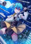  1girl absurdres beret black_corset black_gloves black_thighhighs blue_hair blue_hat blue_sky breasts building card_commentary city_lights cityscape commentary corset cosplay detached_sleeves diffraction_spikes dot_nose finger_on_trigger fingerless_gloves flipped_hair full_moon gem gloves grin gun hair_between_eyes hair_ornament hands_up hat highres holding holding_gun holding_weapon legs_apart lens_flare long_sleeves magical_girl mahou_shoujo_madoka_magica mahou_shoujo_madoka_magica_(anime) medium_hair midair moon neck_ribbon night official_art outdoors pinstripe_thighhighs project_tokyo_dolls purple_eyes ribbon rifle second-party_source shaded_face sharp_teeth shirt skirt sky small_breasts smile solo soul_gem sparkle star_(sky) starry_sky striped_clothes striped_thighhighs teeth thighhighs tomoe_mami tomoe_mami_(cosplay) tomoe_mami_(magical_girl) too_many_guns underbust vertical-striped_clothes vertical-striped_thighhighs weapon white_shirt white_sleeves yellow_gem yellow_ribbon yellow_skirt zettai_ryouiki 