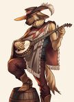  anthro banjo barrel blue_eyes boots canine claws clothed clothing collar dog feathers footwear hat male mammal musical_instrument neck_tuft one_leg_up poncho sinealas solo standing tuft 