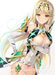  armor blonde_hair breasts cleavage dress gloves highres hikari_(xenoblade_2) hinot large_breasts long_hair looking_at_viewer smile solo white_background xenoblade_(series) xenoblade_2 yellow_eyes 