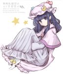  1girl capelet commentary crescent crescent_hat_ornament dress full_body hat hat_ornament highres long_hair looking_at_viewer mob_cap patchouli_knowledge pink_capelet pink_hat purple_dress purple_eyes purple_hair simple_background socks solo star_(symbol) striped_clothes striped_dress tama_(hiroshige_36) touhou twitter_username vertical-striped_clothes vertical-striped_dress watermark white_background white_socks 