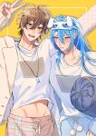  2boys absurdres ahoge alternate_costume arms_up blue_eyes blue_hair blue_pants blush border brown_eyes brown_hair collarbone cowboy_shot drawstring drop_shadow edmond_(nu_carnival) eiden_(nu_carnival) eye_mask fluffy_clothes furrowed_brow groin hair_between_eyes hair_down halftone highres holding holding_pillow inset_border jacket long_hair looking_at_viewer lowleg lowleg_pants male_focus mask matching_outfits midriff multiple_boys nu_417 nu_carnival off-shoulder_jacket off_shoulder open_mouth outside_border pajama_pants pajamas pants pillow pink_pants plaid_clothes plaid_pants pom_pom_(clothes) shirt sweatdrop upturned_eyes v v-shaped_eyebrows white_border white_jacket white_shirt yellow_background 