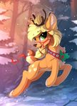  absurd_res alternate_species applejack_(mlp) cervine cutie_mark detailed_background feral friendship_is_magic fur green_eyes hair hi_res looking_at_viewer mammal my_little_pony open_mouth outside reindeer ribbons solo tail_bow tail_ribbon yakovlev-vad 