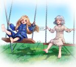  2girls :d artist_name barefoot blonde_hair blue_coat blue_eyes closed_eyes coat commentary company_connection crossover dagikatt day diana_(pragmata) dress emily_(resident_evil) english_commentary frilled_sleeves frills full_body grass grey_dress greyscale highres long_hair long_sleeves looking_at_viewer monochrome multiple_girls on_swing open_mouth outdoors padded_coat pragmata puffy_coat puffy_long_sleeves puffy_sleeves resident_evil resident_evil_requiem shadow short_hair sitting sky smile swing swinging_on_swing teeth three-quarter_sleeves upper_teeth_only vignetting 