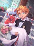 1boy 1girl blue_hair brief_(psg) colored_skin demon_girl dress green_eyes highres kneesocks_(psg) looking_at_viewer mosboru orange_hair panty_&amp;_stocking_with_garterbelt red_skin wedding wedding_dress white_dress 