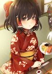  bad_id bad_pixiv_id black_eyes black_hair bow brown_hair chopsticks commentary_request floral_print food food_theft gap gloves hair_between_eyes hair_bow hair_tubes hakurei_reimu highres indoors japanese_clothes kimono light_smile looking_at_viewer miri_(miri0xl) multiple_girls plate red_bow red_kimono sitting solo_focus sushi touhou white_gloves yakumo_yukari yukata 